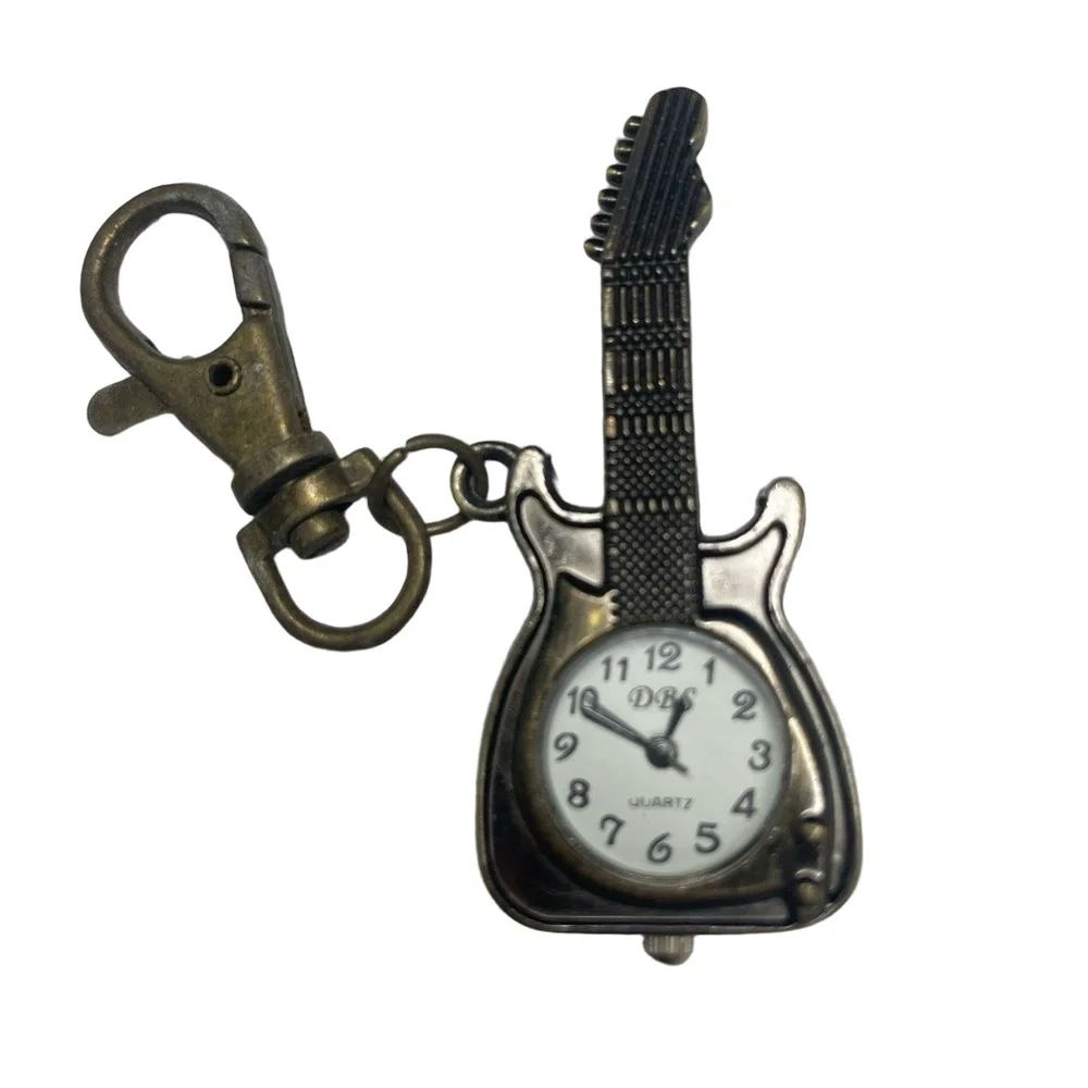 DBS Antique Bronze Guitar Shaped Quartz Keychain Vintage Novelty Pocket Watch